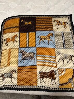 Equestrian Patchwork Silk-Feel Scarf in Mustard, Light Blue & Cream